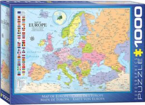 Euroopan kartta palapeli (Map of Europe) on Eurographicsin 1000-palainen. Eurographicsin palapelit on leikattu SmartCut-tekniikalla. Eli palat ovat monimuotoisia ja yksilöllisiä. Palapelikauoppa Pieni Harrastepuoti