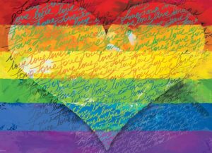 Love & Pride! -palapeli, jossa värit ja tekstit leikittelevät. Palapelissä on 1000 palaa. Valmiin palapelin koko on 67 x 49 cm. Eurographics