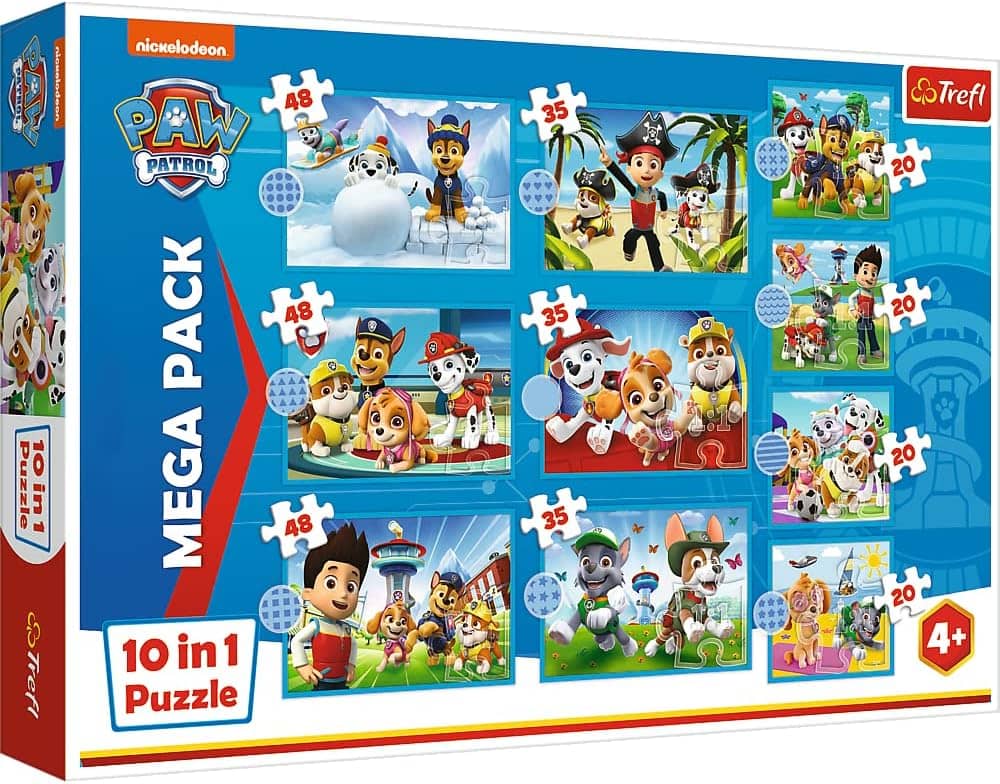 PAW Patrol -palapelisetti sisältää 10 kpl palapelejä, joiden palamäärät ovat 20 & 35 & 48 palaa. Ryhmä Haun tutut hahmot seikkailevat. Valmistaja