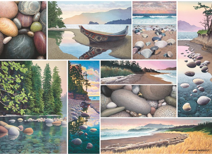 West coast tranquility palapeli on Ravensburgerin 1000-palainen. Kuvassa veden hiomia pyöreitä kiviä, tyyni veden pinta ja vene, rannan simpukat. Kuvakollaasi on kuin taidepalapeli, johon on koottu luontoon ja veteen littyviä postikortteja.