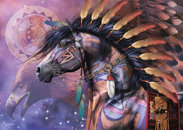 Sulkaharjainen hevonen on shaami, jonka kaulaa koristaa sulkakoriste ja turkki on koristeltu kuin intiaanilla. Shamaani on 1000 palan fantasiapalapeli.