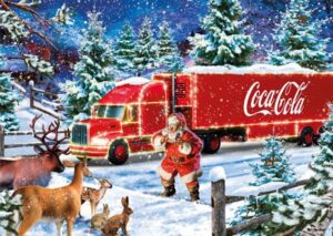 Coca Cola Christmas Truck -joulupalapelissä joulupukki on saapunut Coca-Cola-rekalla ja metsän eläimet katselevat. Kuvitus P.D. Moreno