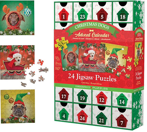 Christmas dogs palapelijoulukalenteri. 24 palapeliä ja jokaisesta luukusta tulee yksi palapeli. Luukun palapelissä on 50 palaa. Luukun sisäpuolella on kuva palapelistä.