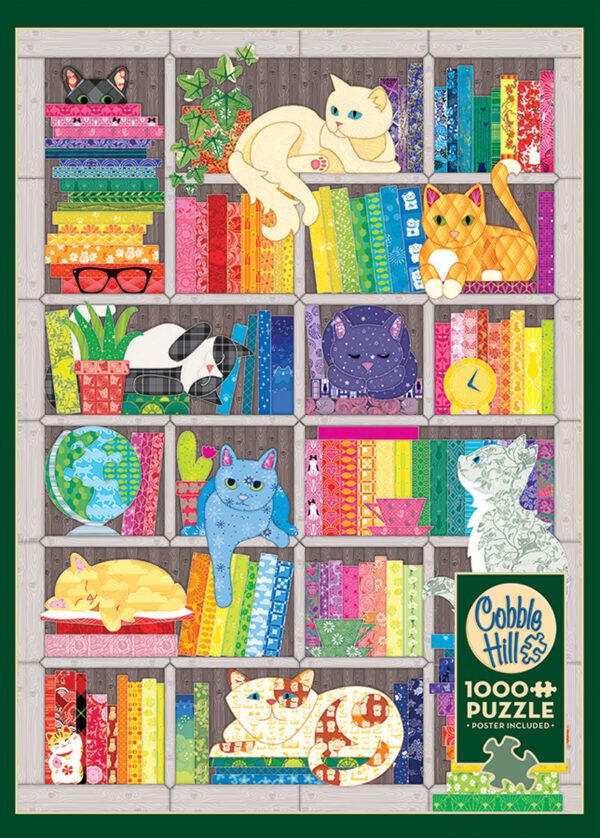 Rainbow Cat Quilt palapeli 1000 palaa on värienergiaa tarjoava kissat kirjahyllyssä -palapeli.