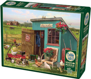 The Happy hen house on Cobble Hillin 1000 palan palapeli. Kanakopin ympärillä hyörii kanat ja kukat somistavat pihaa.