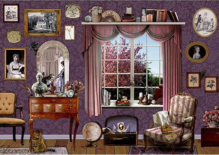 Jane Austen -palapeli on 1000 palan palapeli. Jane Austenin huoneessa on muotokuvat seinällä, rosat verhot ja lilat tapetit. Valmistaja Coppenrath