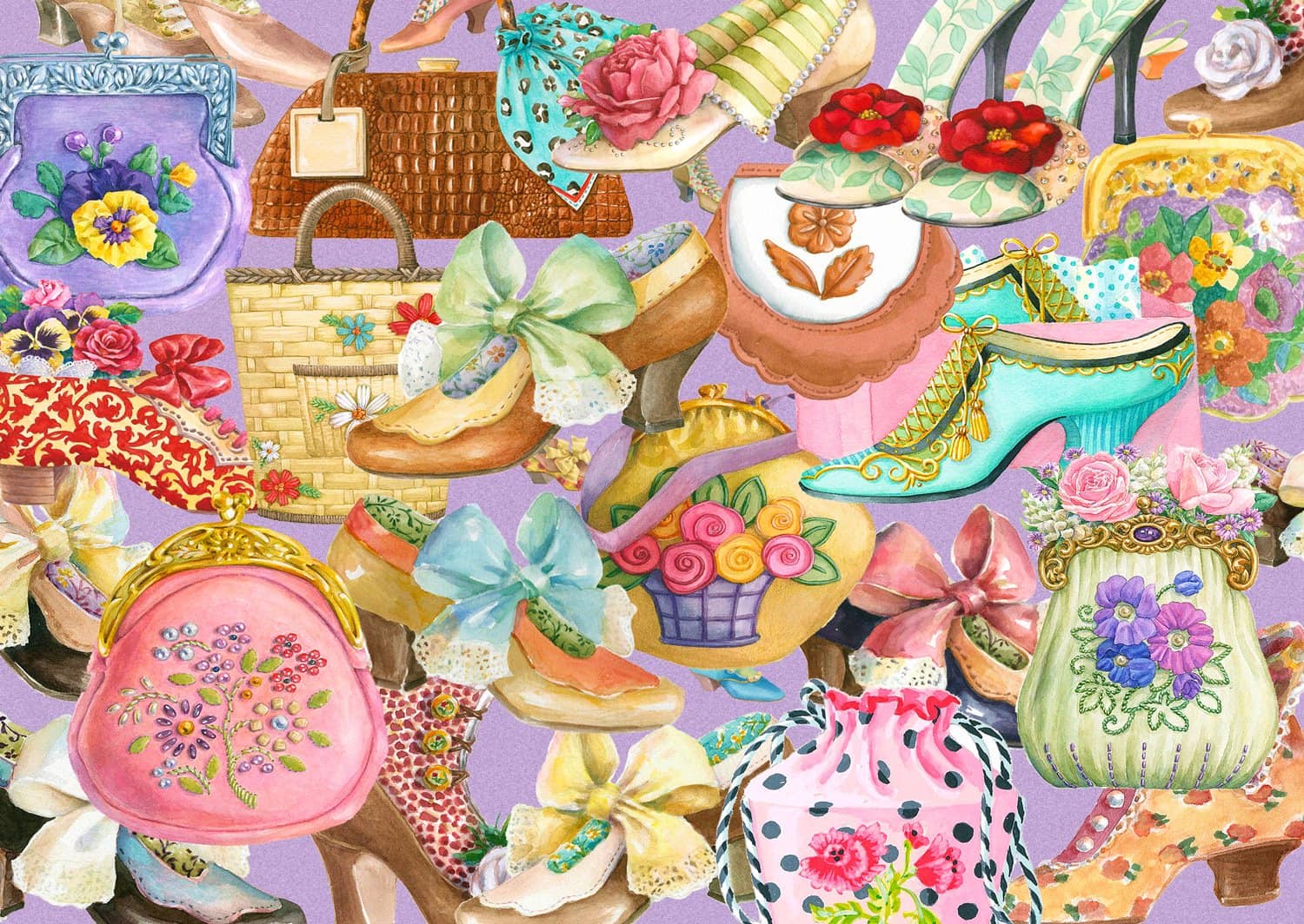 Värikkäät kengät ja laukut rusetteineen ja kukkakuvioineen innostavat kokoamaan palapeliä. Muotiasusteet on 1000 palan palapeli. Palapelin koko 68 x 48 cm.