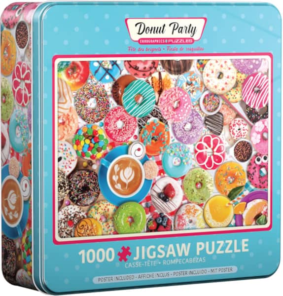 Donut Party palapeli 1000 palaa peltirasiassa on kanadalaisen Eurographics Puzzlesin ihanan värikäs donitsit-palapeli, jonka kuvassa erilaisia donitseja on aseteltu pöydälle kahvikupin ympärille.
