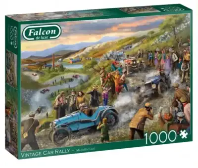 Falcon Vintage Car Rally palapeli 1000 palaa on vintagetyylinen kuva kilpa-ajoista. Kuvitus Marcello Corti. auto palapeli