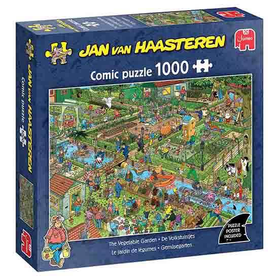 Jan van Haasteren The Vegetable Garden -palapeli 1000 palaa on Jan van Haasteren kasvimaa-aiheinen kuvitus, jossa sattuu ja tapahtuu vaikka mitä.