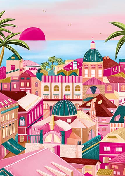 Dubrovnik-palapeli: vanhat rakennukset, meri ja horisonttiin laskeva aurinko ihastuttavat. Kuvitus Millie Putland. 1000 palaa. Valmistaja Pieces & Peace