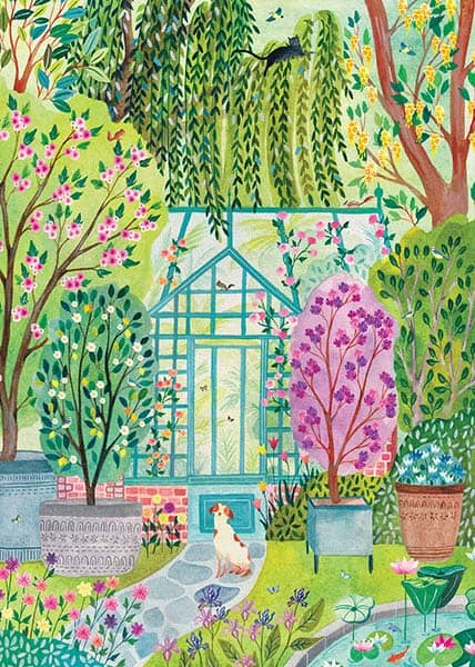 Jardin secret -palapeli, jossa kasvihuone erottuu juuri ja juuri kukkivien puiden ja pensaiden joukosta. Pieces & Peace 1000 palan palapeli.