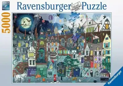 Fantasy Victorian Street palapeli 5000 palaa, jonka kuvassa kohtaavat päivä ja yö. Palapeli löytyy myös nimellä The Fantastic Street. Ravensburger