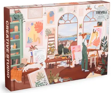 Trevell Creative Studio palapeli 1000 palaa on ranskalaisen Trevellen valmistama. Taidemaalariaiheisen palapelin kuvassa nainen maalaa taulua, kissa katselee vieressä.