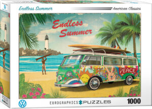 VW Endless summer palapeli on Eurographicsin 1000 palan palapeli, jonka kuvassa junakeula VW on surffilauta katolla. Palmut kertovat lämpimästä ilmastosta ja surffaajien paratiisista. Eurographicsin palapelit on leikattu SmartCut-tekniikalla. Eli palat ovat monimuotoisia ja yksilöllisiä. Pieni Harrastepuoti