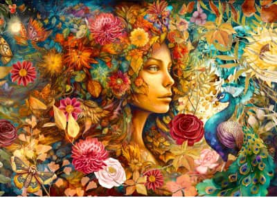 Mother Earth palapeli on upea taidepalapeli, jossa nainen, kukat ja linnut pääosassa. Valmistaja Enjoy Puzzles.