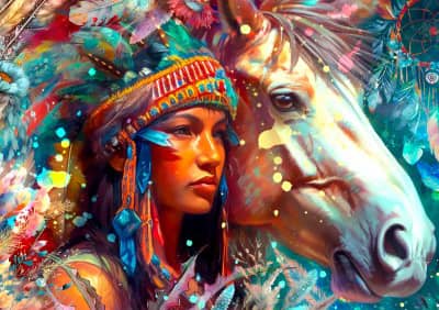 Wild Spirit palapeli, jossa intiaani ja hevonen. Valmistaja Enjoy Puzzles.