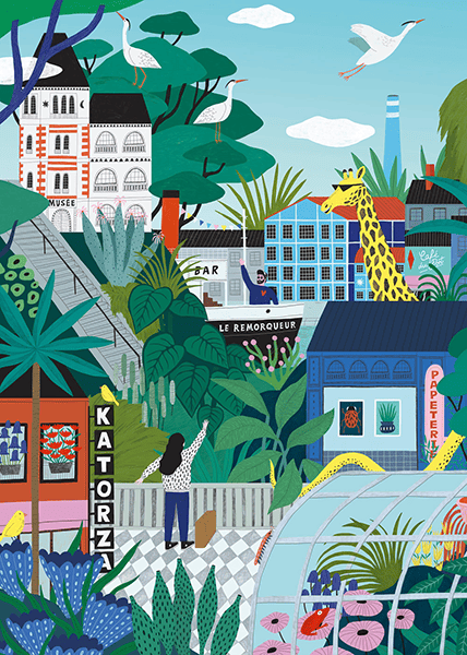 Nantes Extraordinaire -palapeli on 500 palan palapeli, jossa on hauska kaupunkinäkymä, Kuvitus Dans les Dents. Valmistaja Pieces & Peace.