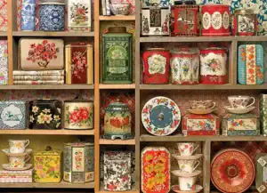 Cobble Hill Vintage tins palapeli on  1000 palan palapeli, jossa vanhat peltipurkit on koottu hyllyyn.