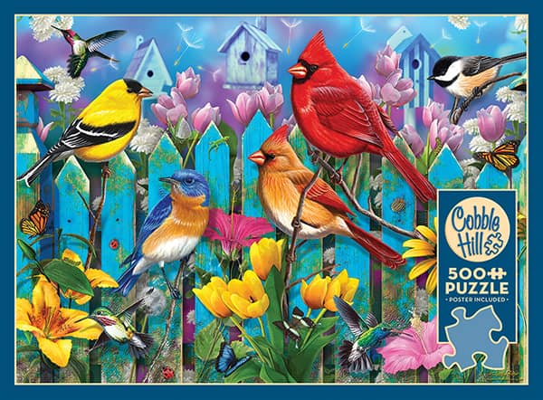 On the Fence palapeli 500 palaa on kanadalaisen Cobble Hillin lintupalapeli, jossa on tavallista isommat palat. Kesäinen kuva on täynnä kukkien loistoa ja erilaisia lintuja.