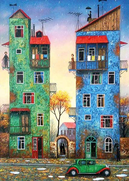 Syksyn sateet palapeli on Magnolian 1000 palan palapeli. Kuvassa mies seisoo vihreän talon parvekkeella ja nainen sinisen talon parvekkeella. Maija Poppasen näköinen nainen istuu sinisen talon savupiipun päällä ja pitää sateenvarjoa päänsä päällä. Palapelin on kuvittanut David Martiashvili.