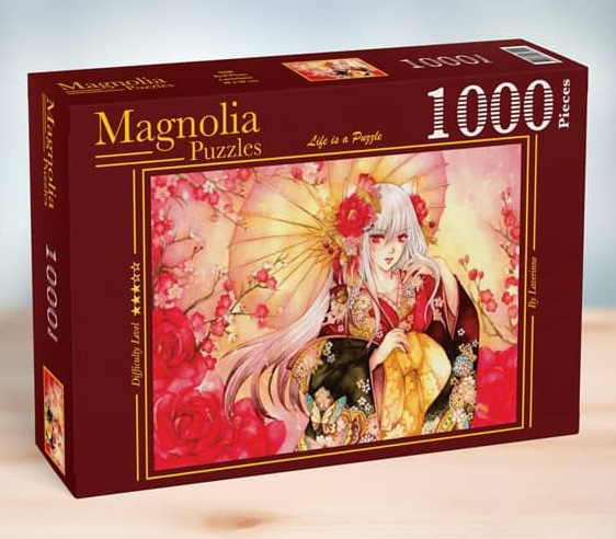 Magnolia Red Plum palapeli on 1000 palan palapeli, jossa animetyylinen nainen pitää päivänvarjoa ja hänellä on punainen kukka hiuksissaan. Geishan roosat hiukset valuvat kohti punaisia kukkia. Kuvittaja Laverinne tunnetaan animetyylisistä kuvituksista.