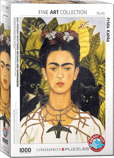 Frida Kahlo palapeli (Self-Portrait with Thorn Necklace and Hummingbird), jonka kuvassa Kahlon omakuva vuodelta 1940. Kuvassa Kahlolla on kaulassa orjantappuraa, josta roikkuu kolibri. Taiteilijan takana näkyy musta kissa ja apina. Taidepalapelin valmistaa kanadalainen Eurographics.