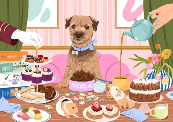 Nibbles with Nora palapeli on Gibsonsin 1000 palan palapeli. Kuvassa koira istuu pöydän ääressä, jossa on herkkuja ja palapelin paloja. Marsut touhuavat pöydällä.