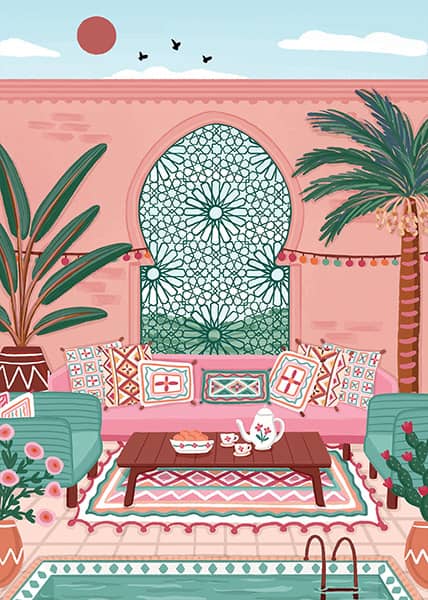 Marokkolainen hotelli palapeli on Pieces & Peacen 500 palan palapeli. Pieces & Peacen palapelien palat ovat himmeäpintaiset, ja palat menevät vain omille paikoilleen.