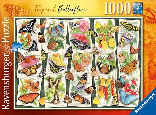 Trooppiset perhoset palapeli on Ravensburgerin 1000 palan palapeli. Palapeli on kevään 2024 uutuus. Anne Searlen kuvitus esittelee trooppisessa ympäristössä elävät värikkäät perhoset kauniina kollaasina.