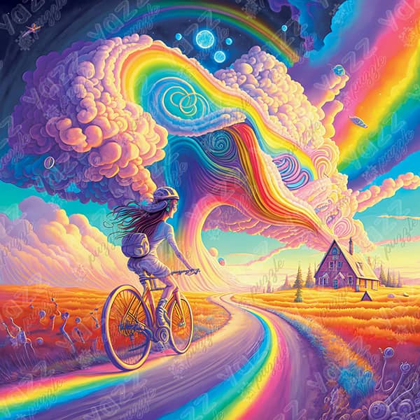 Pyöräilijä palapeli (Bikable) on 1000 palan palapeli. Kuvassa pyöräilijä ajaa sateenkaaren väristä tietä kohti taloa. Valmistaja Yazz Puzzles.