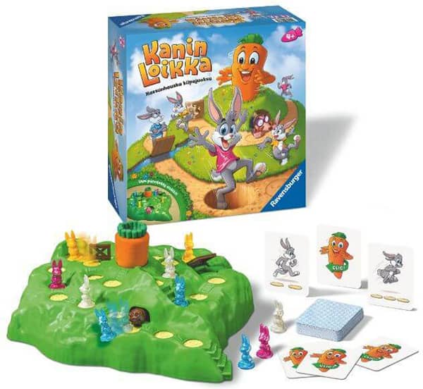 Kanin Loikka Deluxe lasten lautapeli, jossa pikkukanit juoksevat kilpaa herkullisen porkkanan luokse. Jännitystä kasvattaa se, onnistuvatko pelaajat välttämään matkan varrella olevat vaaranpaikat.