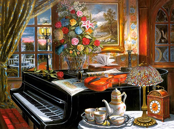 Ensemble palapeli on Castorlandin 2000 palan palapeli. Kuvassa flyygelin päälle on aseteltu upea kukkakimppu, pöydälle on tuotu astiat kahvitarjoilua varten.