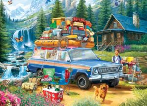 Jeep Loading the Wagoneer palapeli on Eurographicsin 1000-palainen. Kuvassa Jeep on lastattu niin täyteen kesälomaa varten, että Jeepin katollakin on kattoteline kukkuroillaan. Taustalla näkyy lumiset vuoret ja mökki. Eurographicsin palapelit on leikattu SmartCut-tekniikalla. Eli palat ovat monimuotoisia ja yksilöllisiä.
