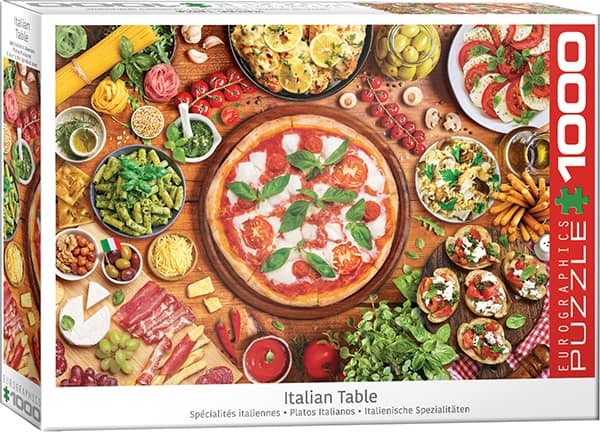 Italialainen kattaus palapeli (Italian table) on Eurographicsin 1000-palainen. Kuvassa italialaiset herkut on katettu pöytään herkulliseksi kattaukseksi. Pitsa, erilaiset pastat, hedelmät ja yrtit tekevät tästä pelistä erityisen herkullisen koottavan.