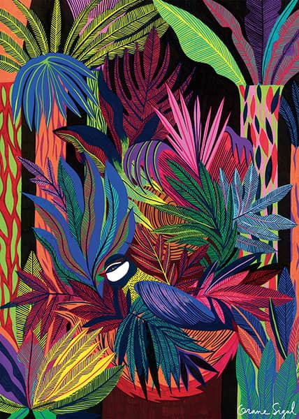 La Naissance de l'Oiseau palapeli 2000 palaa on Pieces & Peacen valmistama. Kuvittaja Orane Sigalin värikkäät kasvit ja kasvien joukosta pilkistävä lintu muodostavat kuin värikkään seinävaatteen. Lehtien muodot ja värit helpottavat palojen lajittelua ja kokoamista. Pieni Harrastepuoti