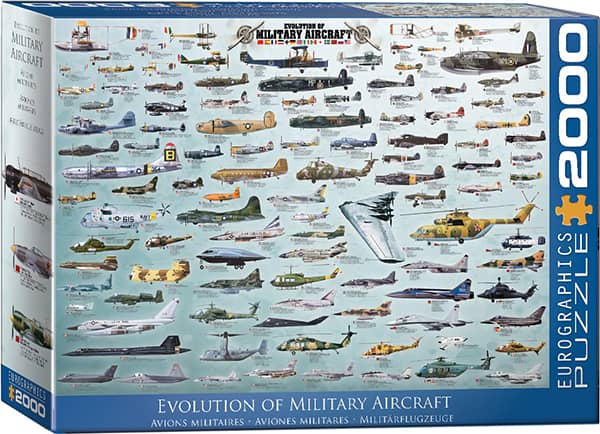 Lentokoneiden kehitys palapeli (Evolution of Military Aircraft) on Eurographicsin 2000-palainen. Kuvassa vuosikymmenien aikana lehtokoneiden kehitys ja tietoa koneista. 2000 palaa olevat palapelit ovat tavallisilla paloilla, ei Smart Cut -leikkauksella.