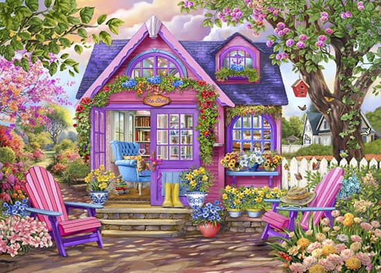 Mökki-palapeli on Bluebirdin 500-palainen (She Shed). Suloinen mökki, ympärillä kukkivat puut ja kukkaloisto vievät ajatukset kevääseen.