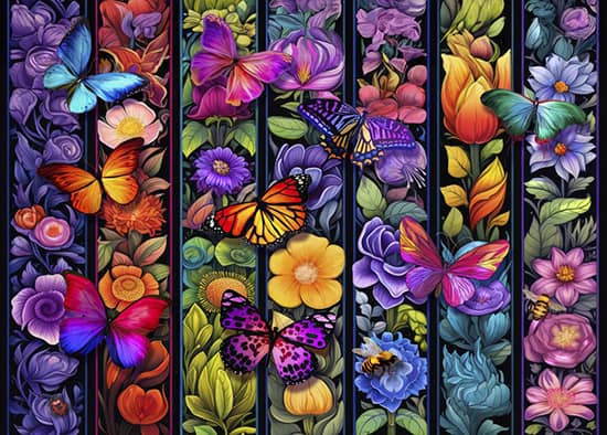 Kukat ja perhoset palapeli on Bluebirdin 500-palainen. Valmiin palapelin koko 47.80 x 34.20 cm