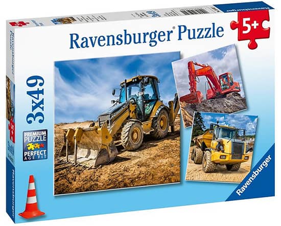 Kaivinkoneet palapelit ovat Ravensburgerin 49-palaisia lastenpalapelejä. Kussakin kuvassa on työmaalla ahertava maansiirtokone. Valmistaja suosittelee tätä koottavaa 5+-vuotiaille. Pakkauksessa on 3 kpl palapelejä.