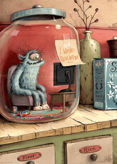 Zozoville palapeli Karanteeni on Heyen 1000-palainen. Kyllä mielen pistää matalaksi, jos pitää lasipurkissa istua kaksi viikkoa eristyksissä. Zozoville on Mateo Dineen ja Johan Potman taidetta.