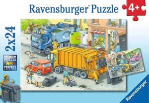 Working trucks -palapelit ovat Ravensburgerin 24 palan palapelejä, joissa toisessa työskentelee kuorma-auto ja toisessa jäteautot.