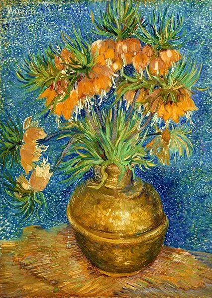 Vincent Van Gogh: Fritillaries in a Copper Vase palapeli on Enjoyn 1000-palainen. Kuvassa kukat on aseteltu kupariseen maljakkoon. Taideteos on Vincent van Goghin maalaus.