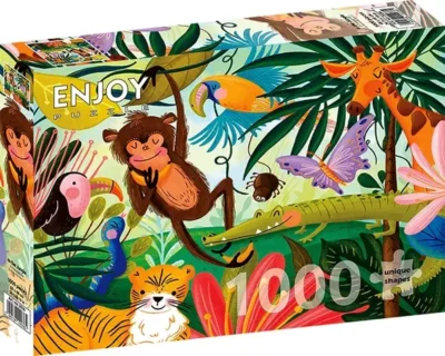 In the Jungle palapeli on Enjoyn 1000-palainen. Kuvassa viidakon eläimet kuten apina, tiikeri, kirahvi, krokotiili ja perhonen värikkäässä viidakkomaisemassa.