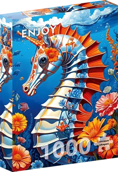 Sea Horse palapeli on Enjoyn 1000-palainen. Merihevonen on saanut kiinalaistyylisen ornamenttikuvion, värikkäät kukat somistavat ympäristöä. Enjoyn palat eivät kiillä, ja palat ovat yksilölliset ja menevät vain omille paikoilleen.