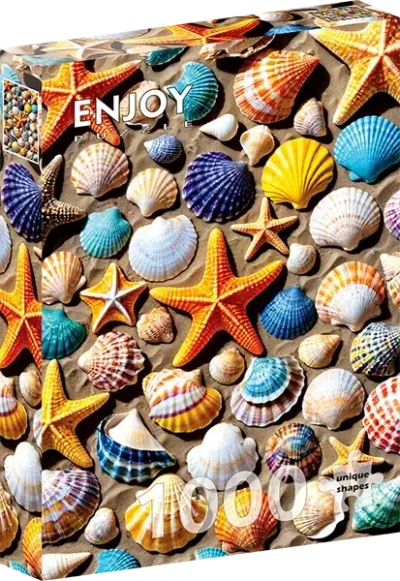 Beach Treasure palapeli on Enjoyn 1000-palainen kesäpalapeli, jonka kuvassa ihanan värikkäät simpukat hiekkarannalla.  Enjoyn palat eivät kiillä, ja palat ovat yksilölliset ja menevät vain omille paikoilleen.