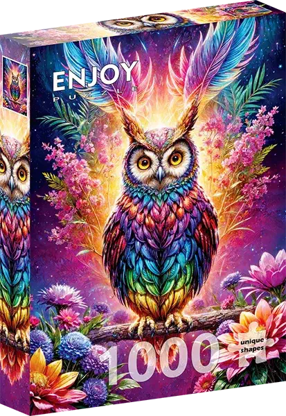 Neon Owl palapeli on Enjoyn 1000-palainen fantasiapalapeli, jonka kuvassa pöllö, värikkäät kukat ja sulkia. Enjoyn palat eivät kiillä, ja palat ovat yksilölliset ja menevät vain omille paikoilleen.