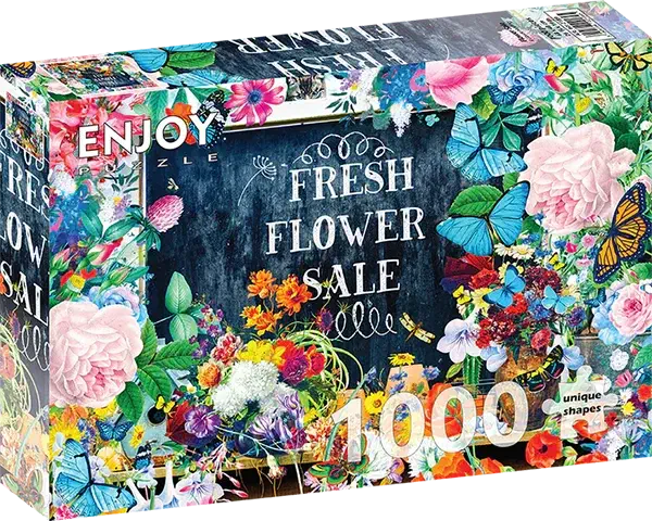 Flower Sale palapeli on Enjoyn 1000-palainen kukkapalapeli. Kuvassa kukkamyyjäiset, "Fresh Flower Sale -kyltti ja upeat kukat ympärillä. Enjoyn palat eivät kiillä, ja palat ovat yksilölliset ja menevät vain omille paikoilleen.