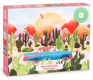 Heol Spicy Exploration palapeli 1000 palaa. Kuvassa jenkkiauto matkaa meksikoilaistyylisessä maisemassa, jossa kaktukset ovat korkeammat kuin auto ja vuoret siintävät taustalla.