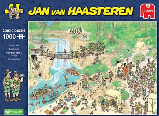 Jan van Haasteren Jungle Tour palapeli on hollantilaisen Jumbon valmistama 1000-palainen. Viidakkopalapeli vie huimiin seikkailuihin viidakkoon.